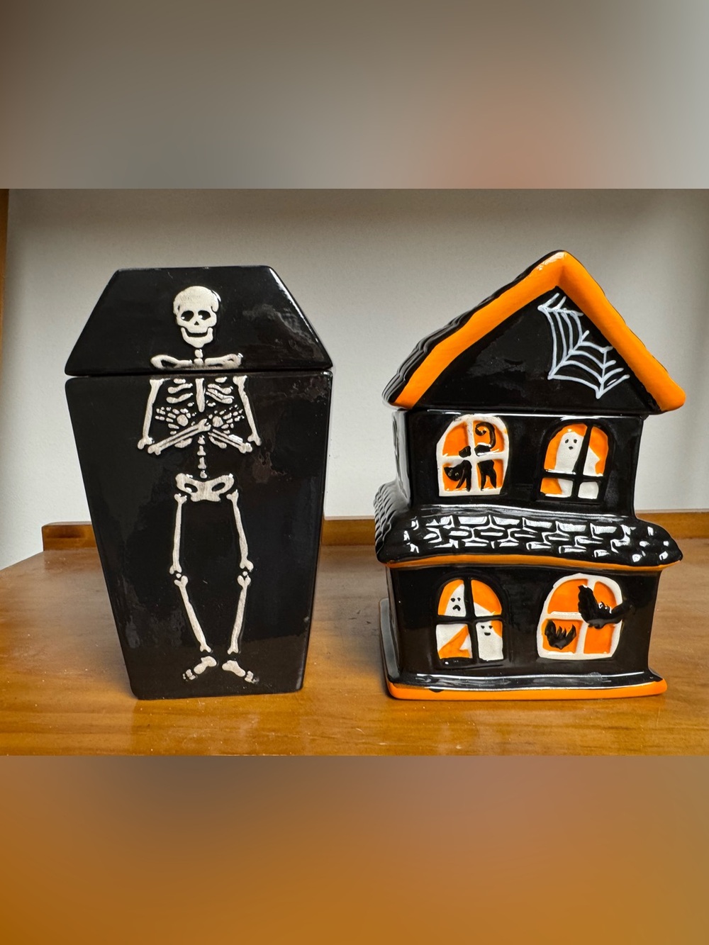 Halloween Ceramic Haunted House & Coffin Cookie Jars - Black & Orange